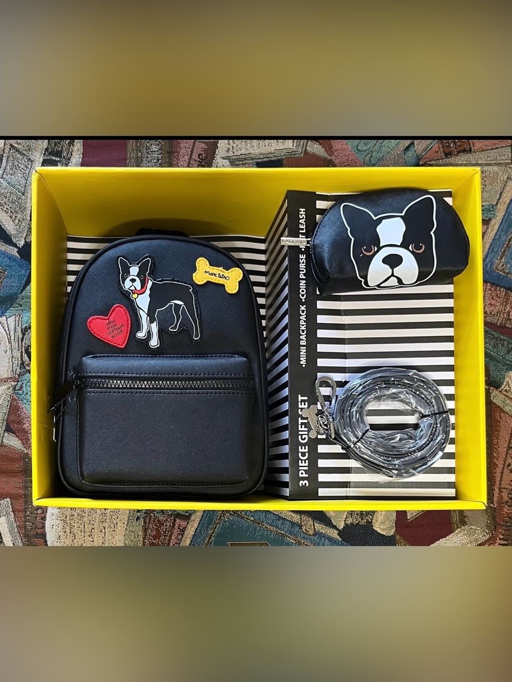 Marc Tetro Mini Backpack Coin Purse Pet Leash Whimsical Boston Terrier Gift Set